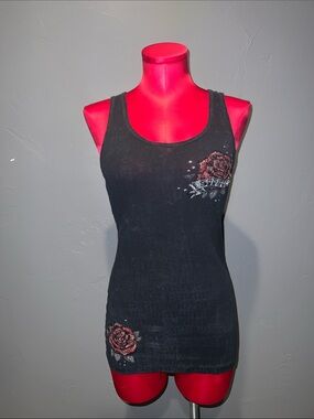 Vintage Sinful ribbed tank top with bling red roses & wings